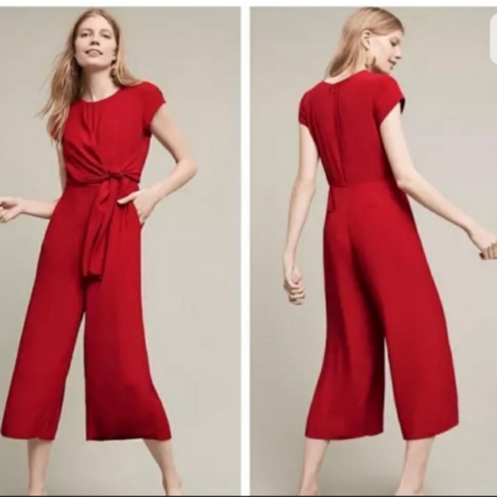 Anthropologie Maeve red wide leg tiewaist jumpsuit